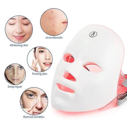 Máscara de beleza facial e rejuvenescimento da pele, anti acne, 7 cores led fóton.